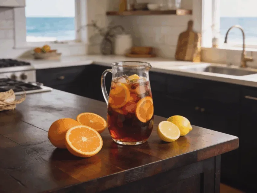Glass of refreshing summer sangria on a dark wood kitchen island with sliced orange and citrus fruits.