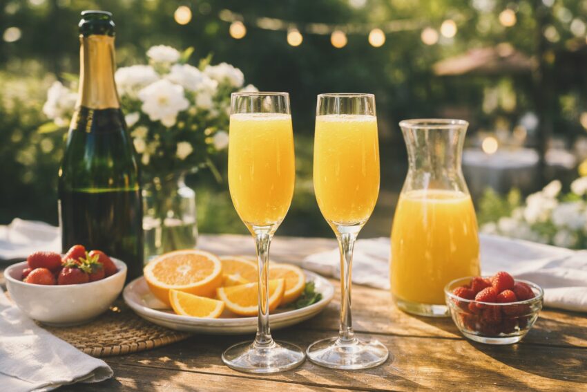 Two classic mimosas served in champagne flutes on an outdoor brunch table.