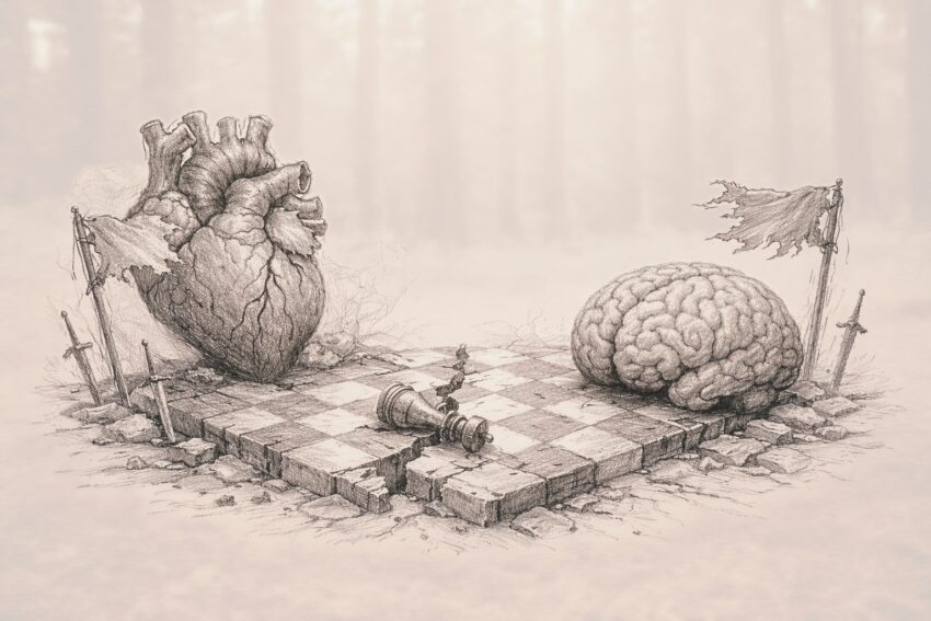 Editorial pencil sketch illustrating a symbolic conflict between the mind and heart, rendered in soft graphite tones.