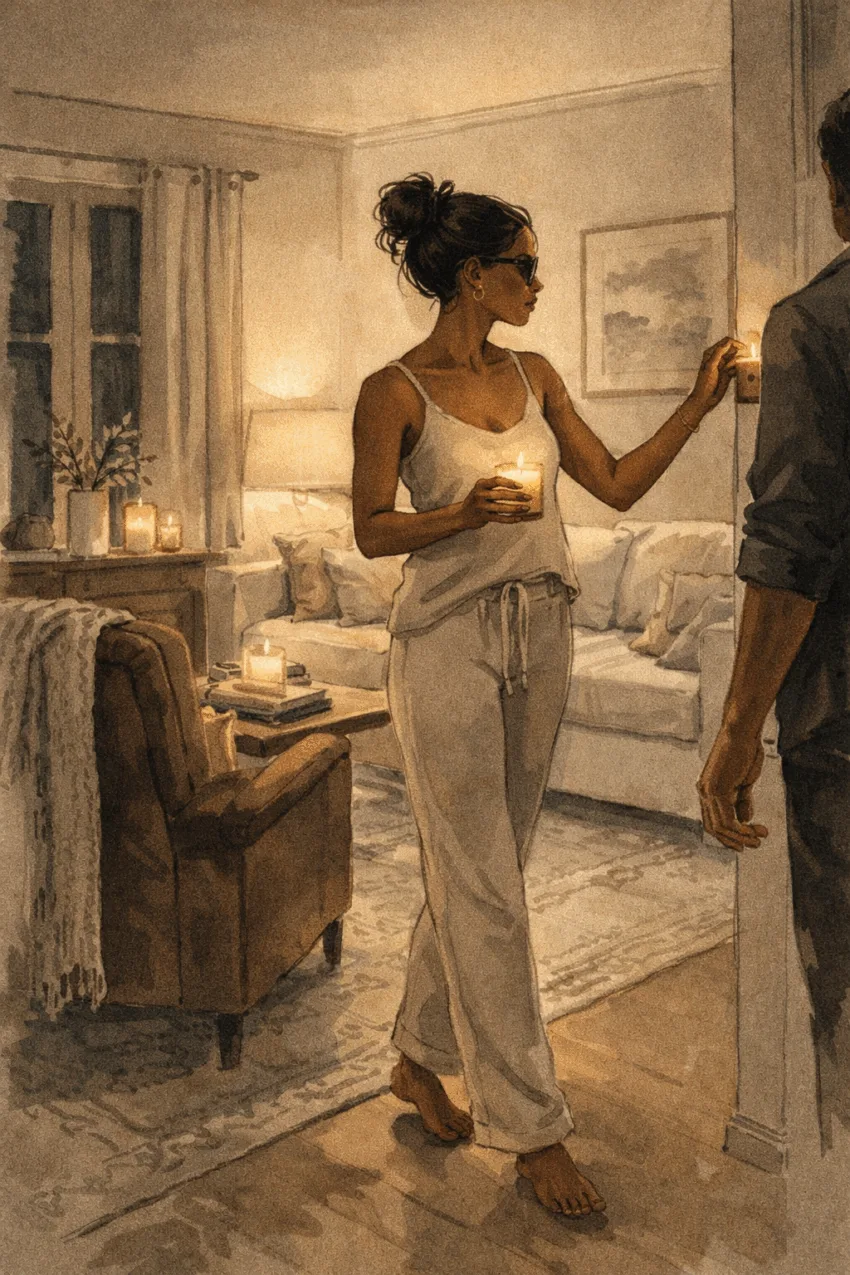 Illustration of a Black woman at home in the evening wearing a neutral cashmere loungewear set, standing barefoot in a softly lit living space with candles and books.