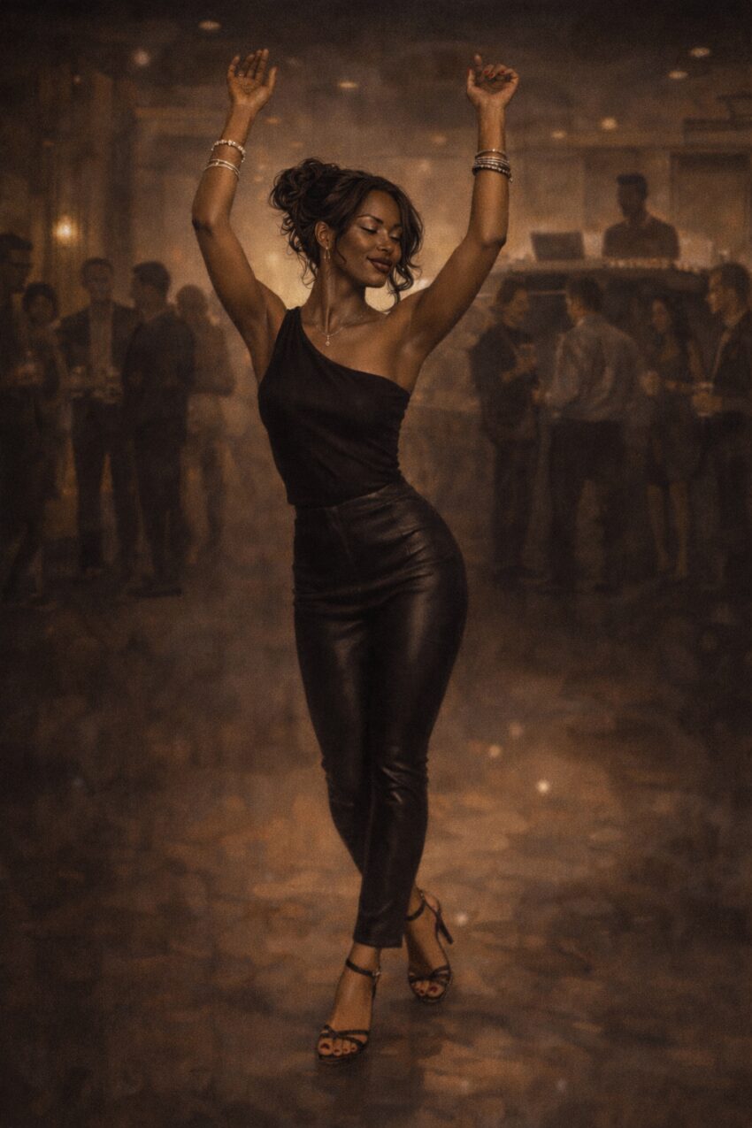 A Black woman dances alone at the center of a dimly lit nightclub, wearing black leather pants, a one-shoulder top, and strappy heels, eyes closed and arms raised as people stand along the edges of the room.