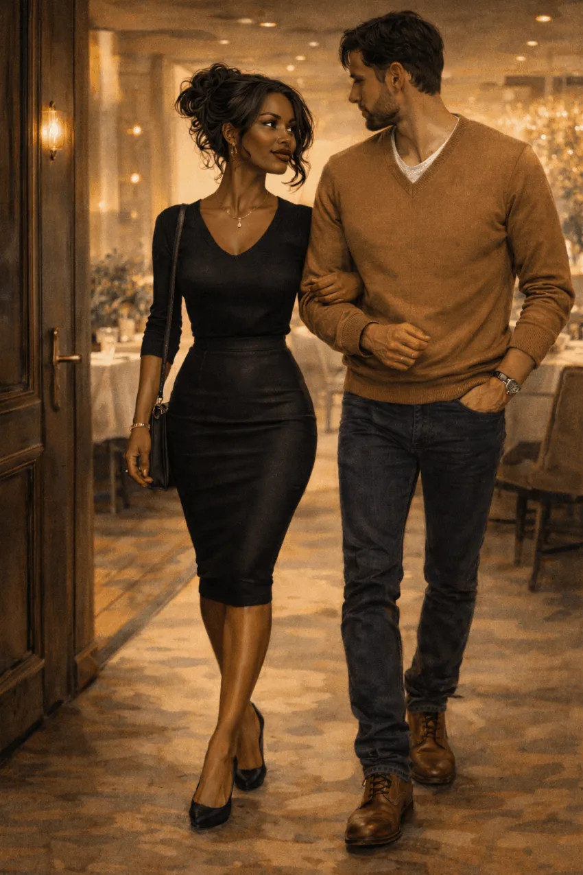 A well-dressed Black woman in a fitted black dress walking arm-in-arm with a partner through a warmly lit restaurant entrance, styled for an elegant evening out.