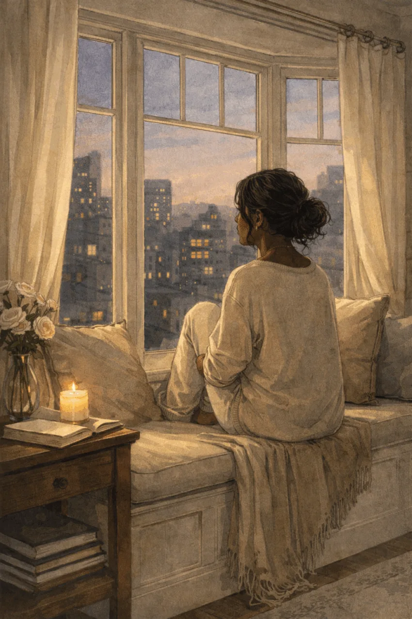 Illustration of a Black woman sitting on a window seat at dusk, looking out over a quiet city, reflecting in a calm, softly lit apartment.