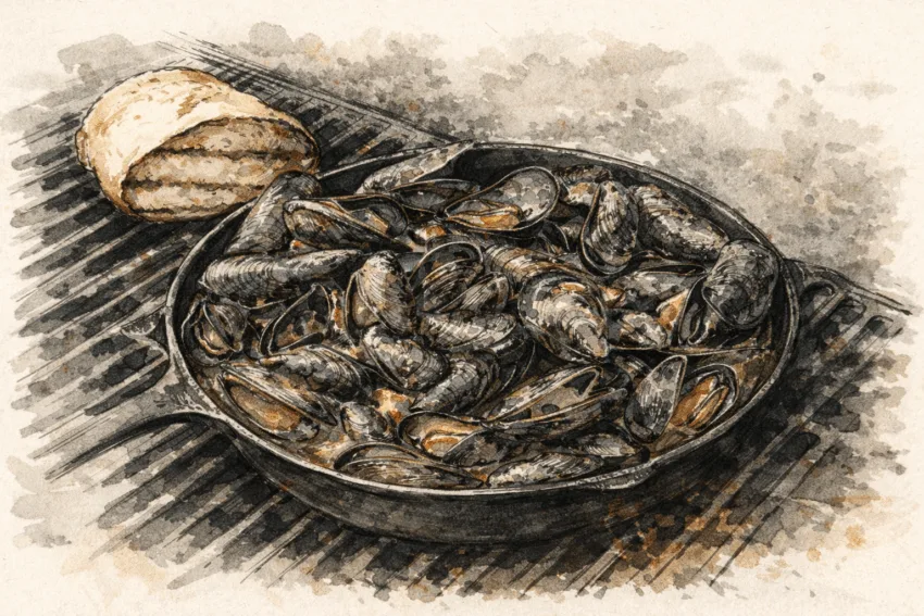 Cast iron pan of mussels simmering in a white wine sauce on a gas grill.