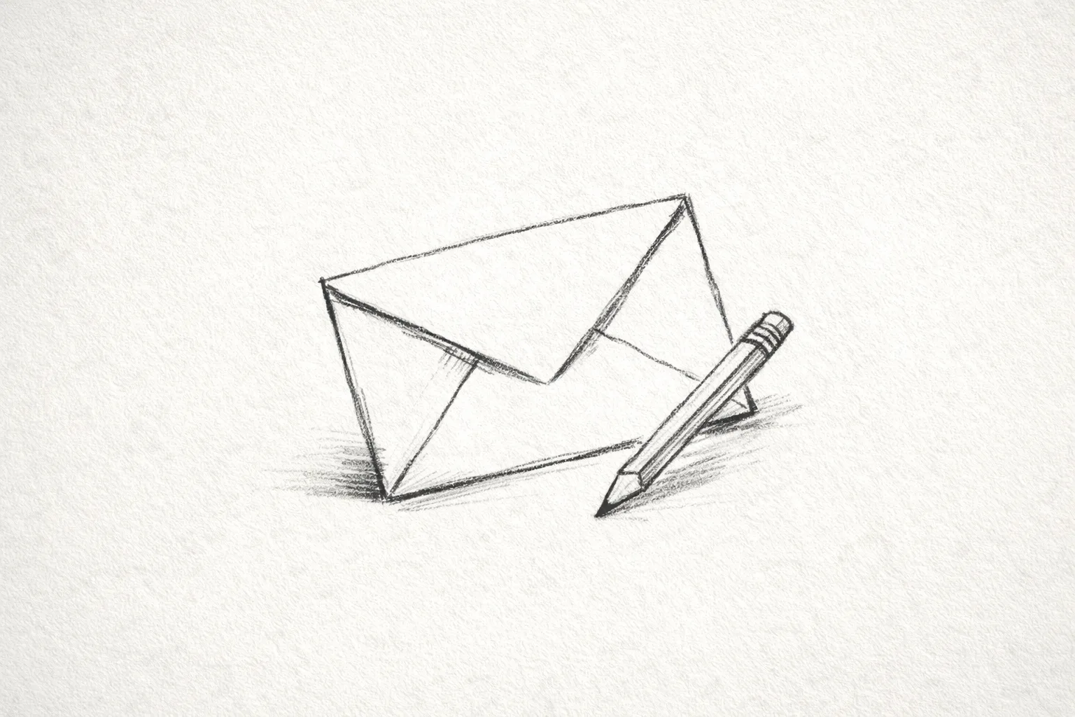 Hand-drawn black-and-white sketch of an envelope and pencil.