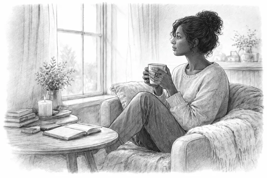 Pencil sketch of an African-American woman with a messy bun sitting in an armchair by a window, holding a mug in a quiet, reflective moment.