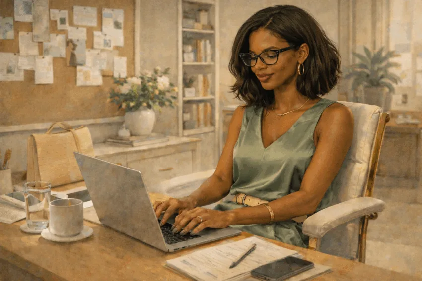 Black woman brand strategist working in a home office, wearing a soft green sleeveless blouse and tailored trousers while preparing for a client Zoom meeting.