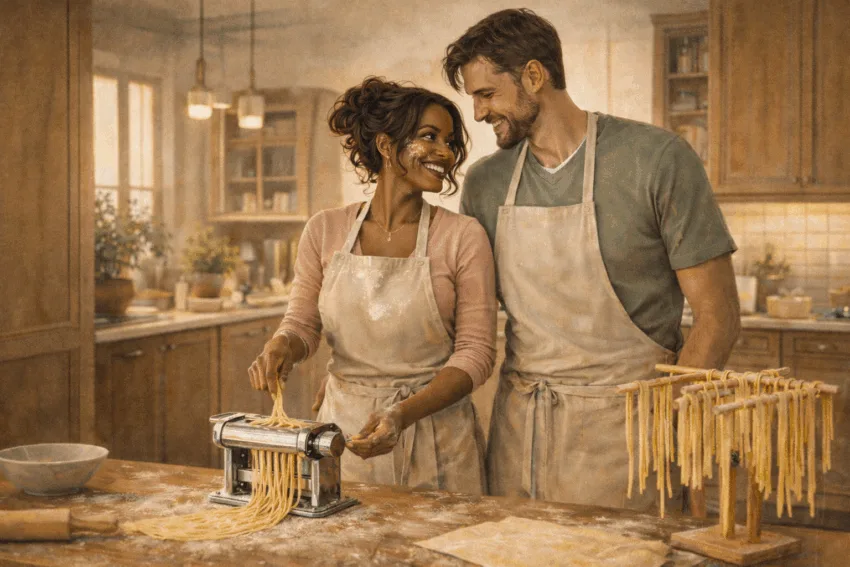 A stylish couple standing close together in a warm kitchen, smiling while making fresh pasta by hand with a pasta roller, flour lightly dusted on the counter, conveying intimacy, craftsmanship, and everyday elegance.