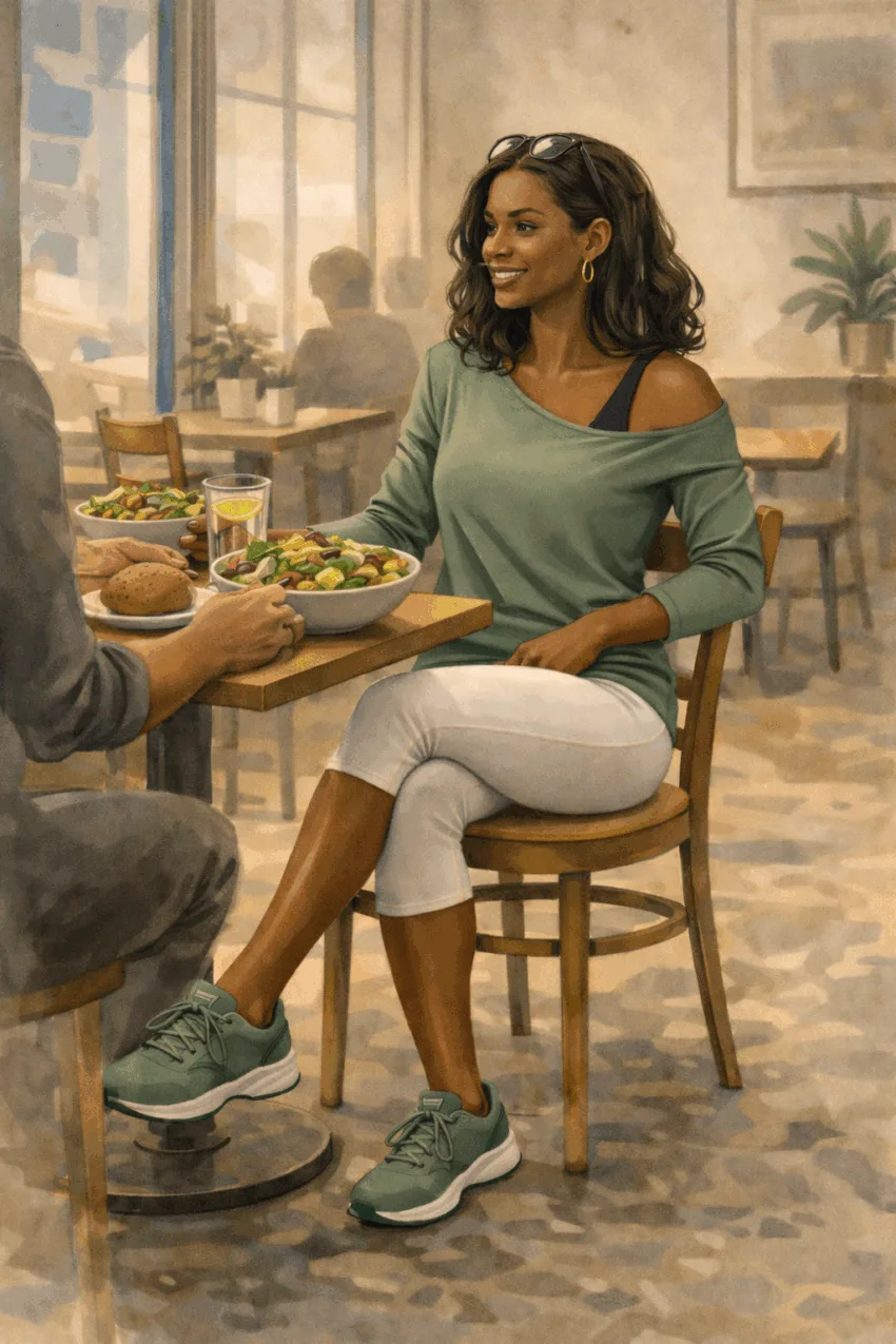 A Black woman in white cropped leggings and a soft green off-the-shoulder top sits at a café table during a midday check-in, wearing green running shoes and relaxed athleisure style.