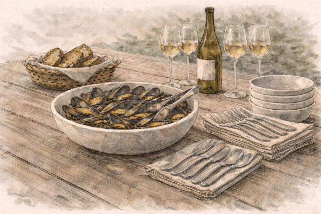 Ink-and-wash illustration of an outdoor table set for a casual dinner, featuring a central bowl of mussels with serving tongs, a basket of charred bread, a bottle and glasses of white wine, stacked bowls, linen napkins, and seafood flatware arranged in a relaxed, anticipatory setting.