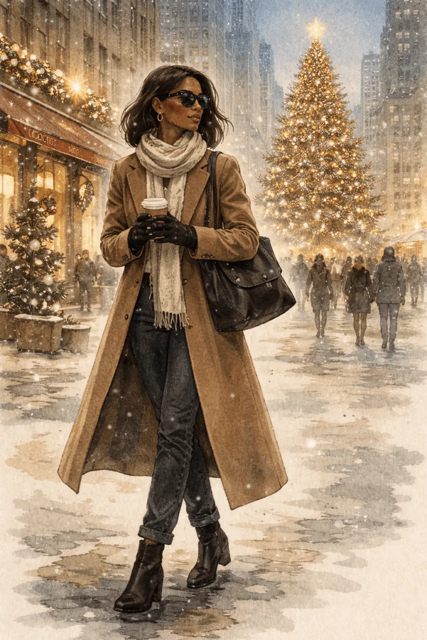 Illustration of a Black woman walking through New York City in December, wearing a wool coat and scarf, holding a warm drink near a softly lit Christmas tree at dusk.