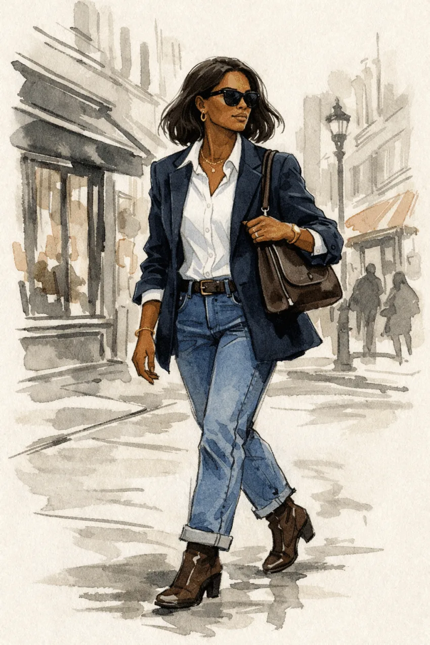 Illustration of a stylish Black woman walking down a city street wearing a navy blazer, white button-down shirt, cuffed blue jeans, brown ankle boots, and sunglasses, carrying a brown leather shoulder bag.