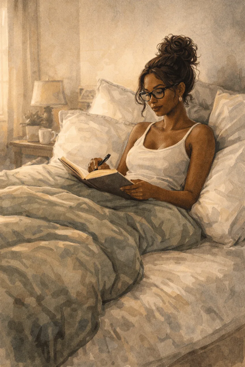 A Black woman with warm brown skin sits upright in bed on a quiet Sunday morning, wearing a soft tank top and glasses, journaling beneath a sage-green duvet in gentle natural light.