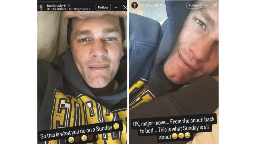 Instagram story screenshots showing Tom Brady relaxing at home on a Sunday, joking about moving between the couch and bed during a rare day off.